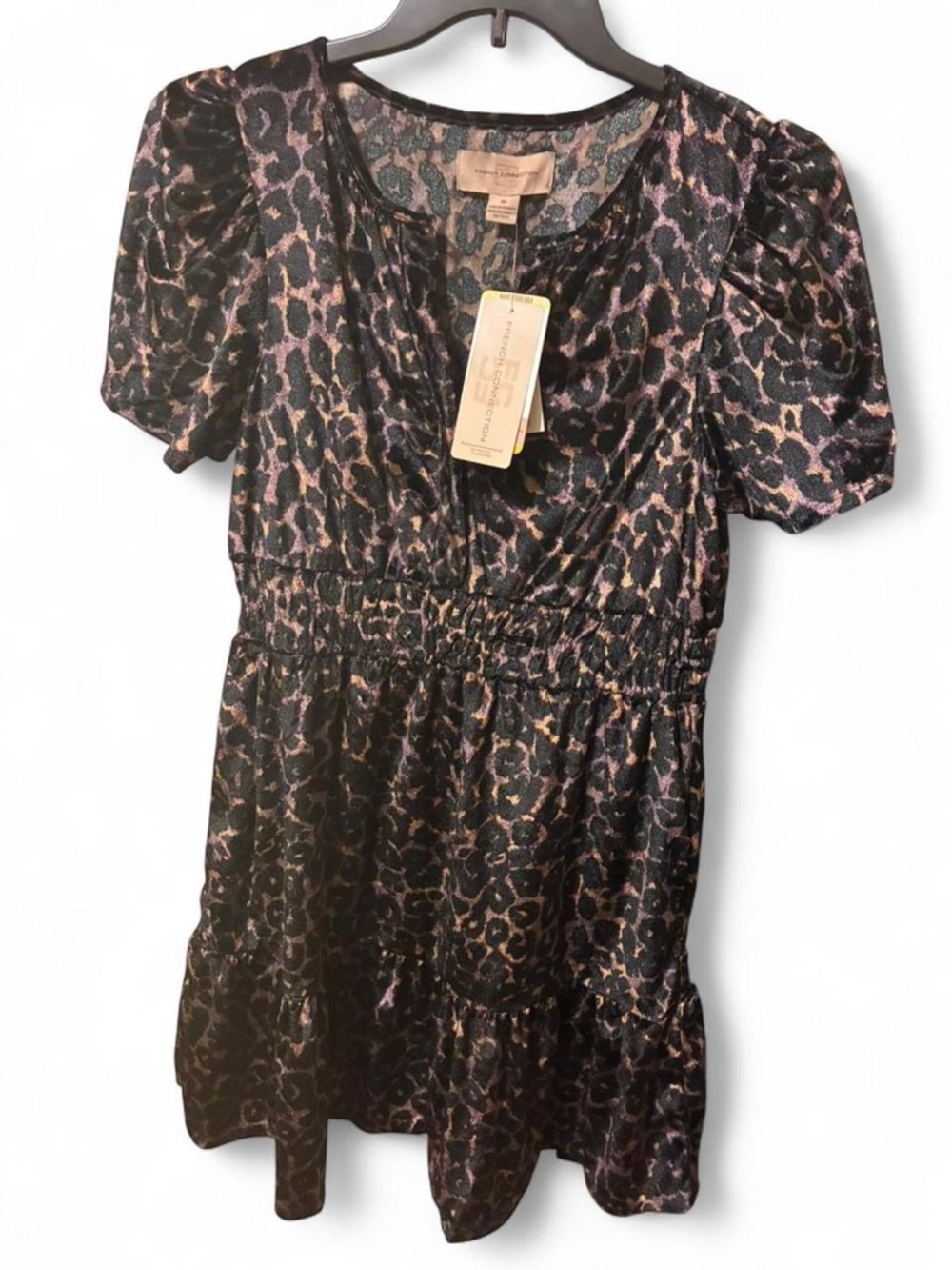 French Connection Black and Brown Leopard Print Short Sleeve Dress